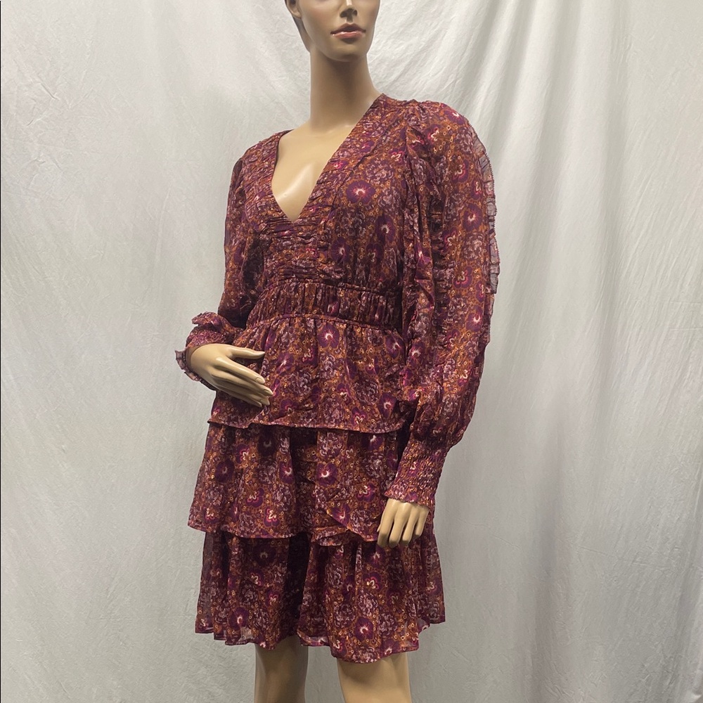 House of Harlow 1960 V-Neck Tiered Paisley Long Balloon Sleeve Dress